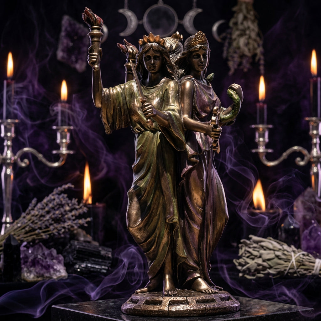 A bronze-finished statue of two draped female figures standing together on a decorative base, one holding a torch and the other holding a curved object, photographed against a plain white background.
