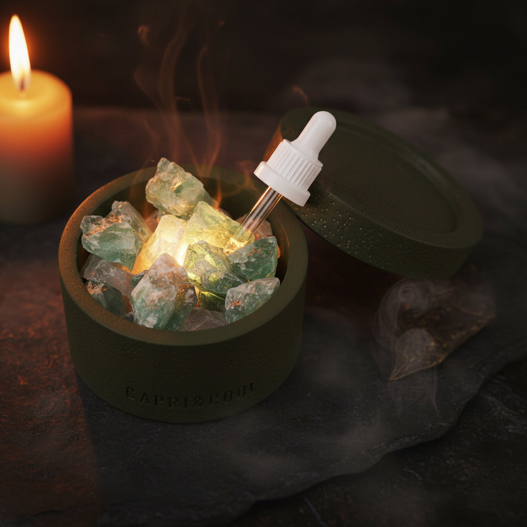 Green container with crystals and a dropper labeled 'Capri & Cool' on a white background