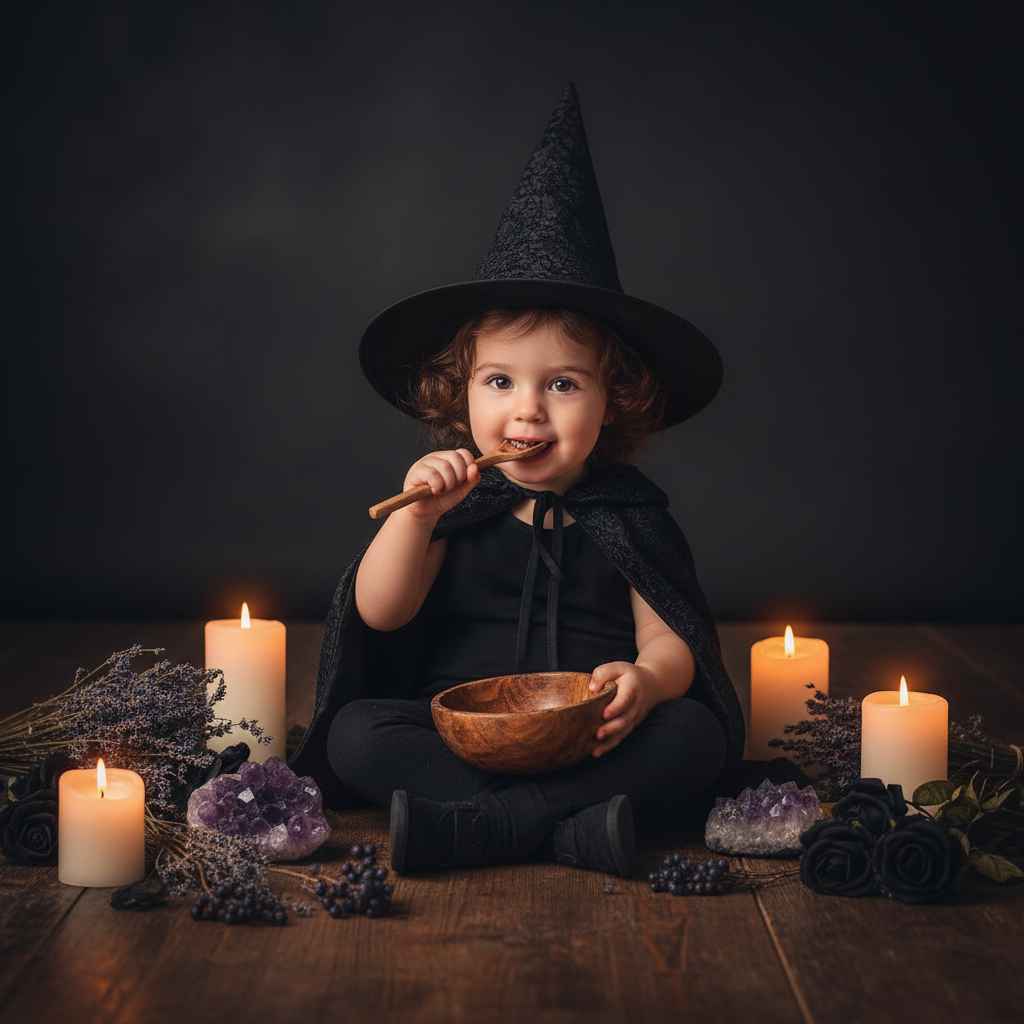 Child holding a wooden bowl and spoon with a white background