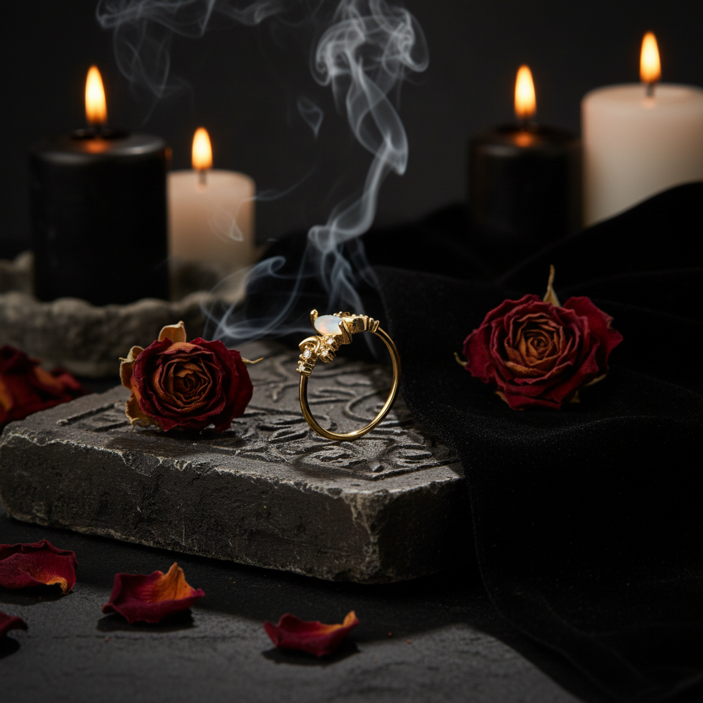 Gold ring with decorative design on a black textured background