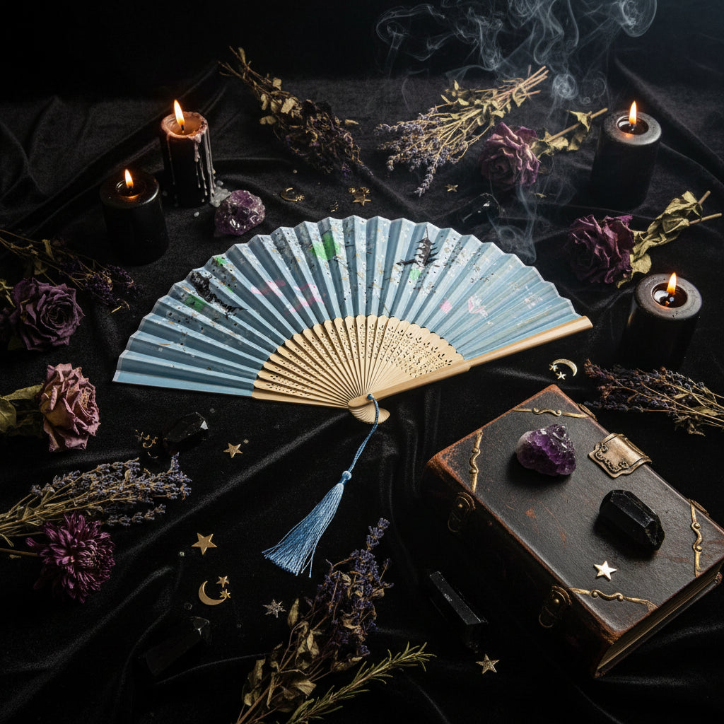 Traditional folding fan with artistic design on a light background with pink flowers
