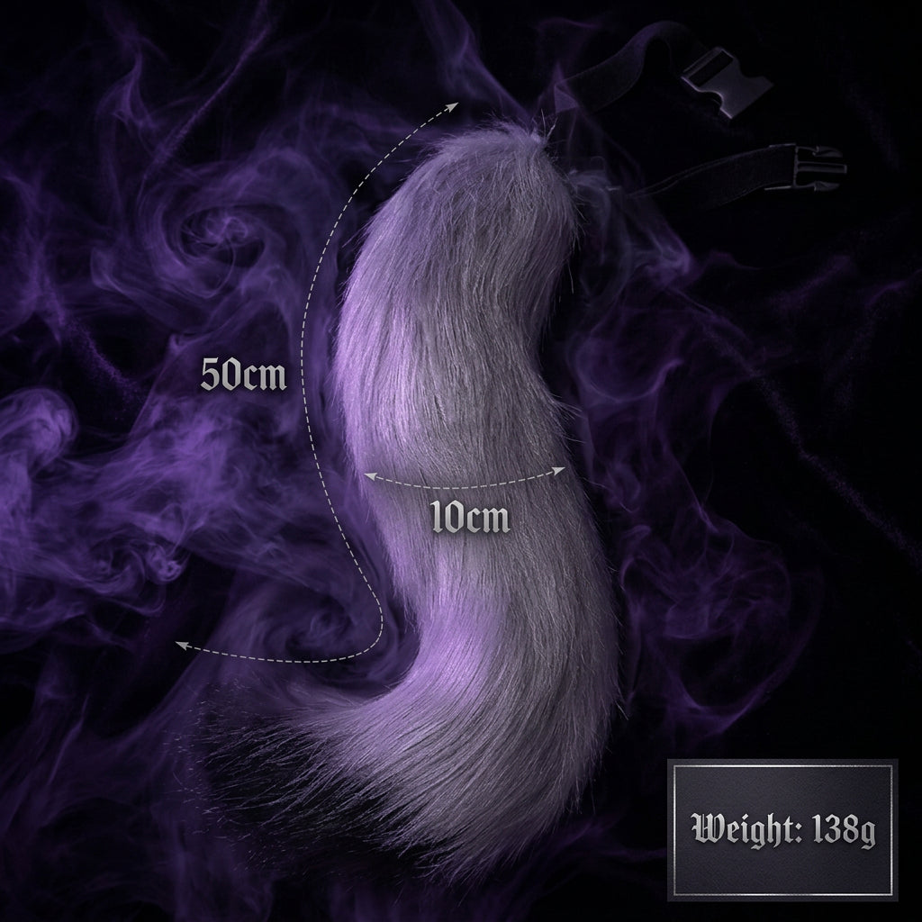 A faux fur animal tail accessory with a black plastic buckle strap, shown on a white background with dimension markings of 50cm length, 10cm width, and a weight of 138g.