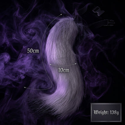 A faux fur animal tail accessory with a black plastic buckle strap, shown on a white background with dimension markings of 50cm length, 10cm width, and a weight of 138g.