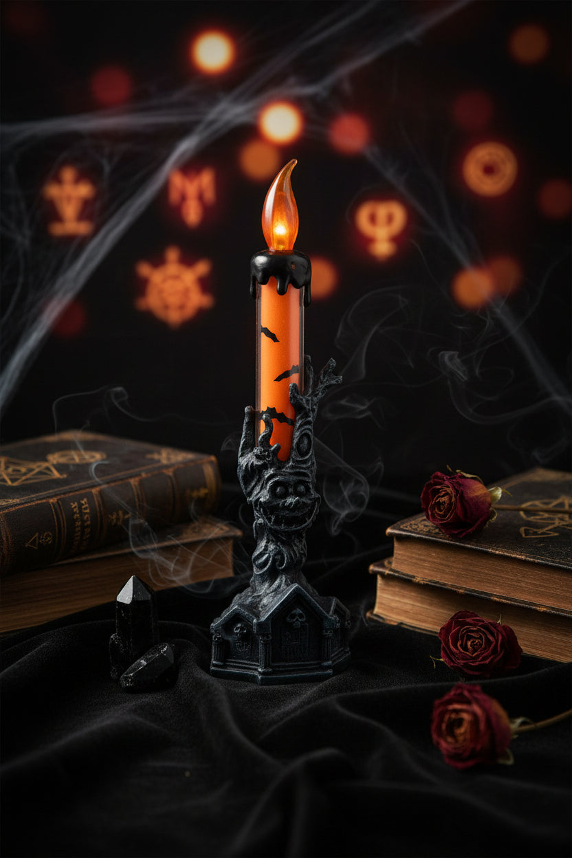 Decorative candle with a black hand holding a lit candle on a white background