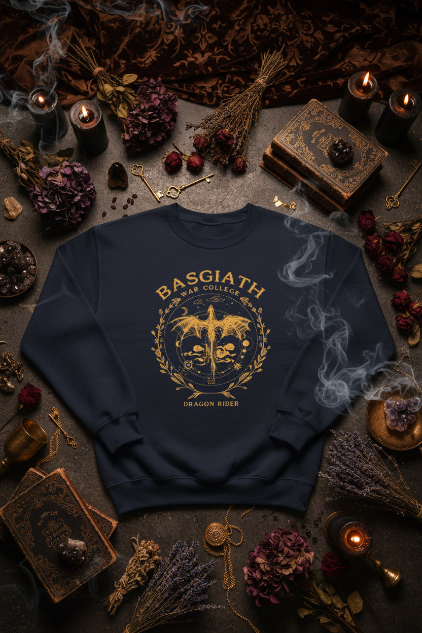Navy blue sweatshirt with gold graphics and text on a white background