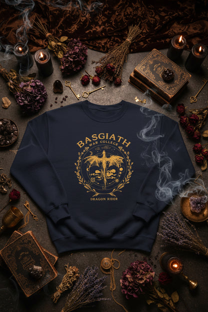 Navy blue sweatshirt with gold graphics and text on a white background