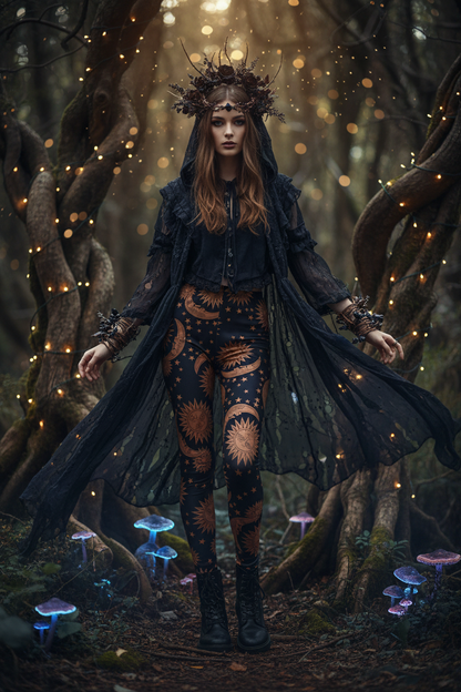 Starry Digital Print Leggings with Skull Design Sorceress Sanctuary