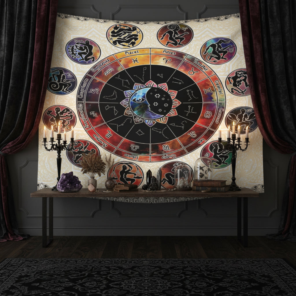 Tapestry with zodiac symbols hanging on a wall in a room.