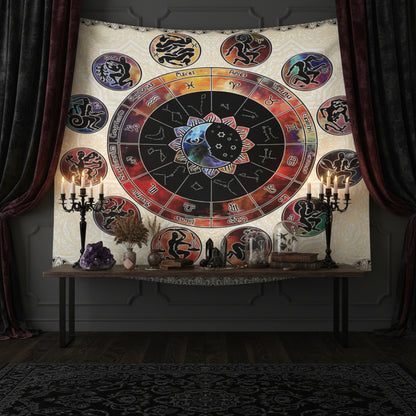 Tapestry with zodiac symbols hanging on a wall in a room.