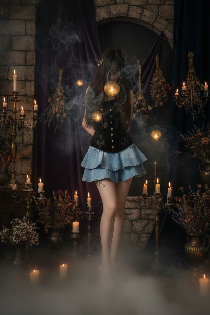 Denim skirt with ruffled layers on a plain background