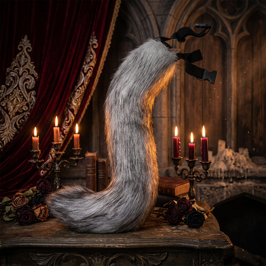 Gray fox tail with black hair tie on a white background