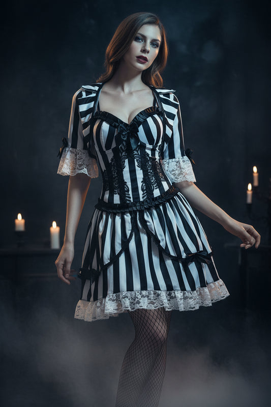 Woman wearing a black and white striped dress with lace details on a light gray background
