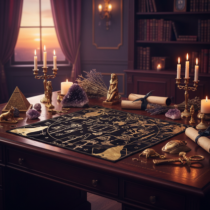 Alchemical symbols and figures on a black background