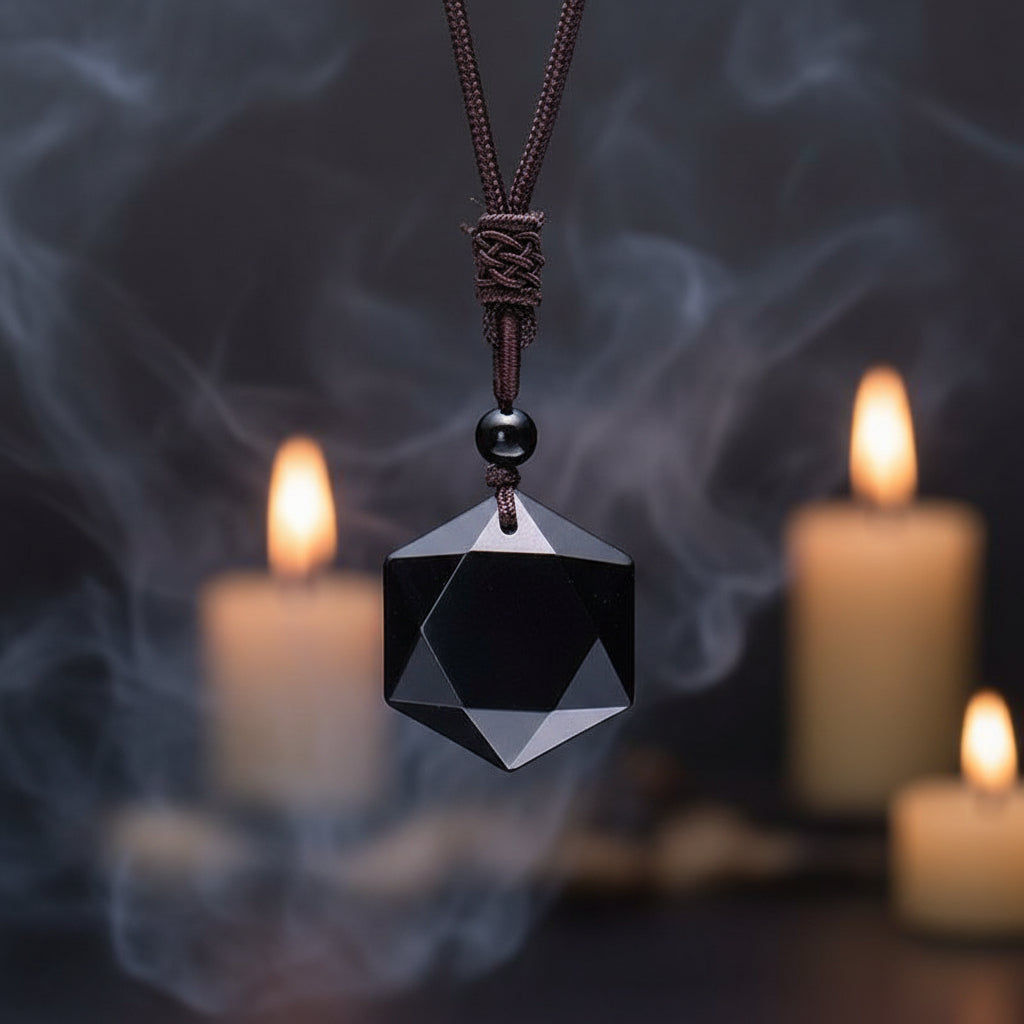 Black geometric pendant on a dark background