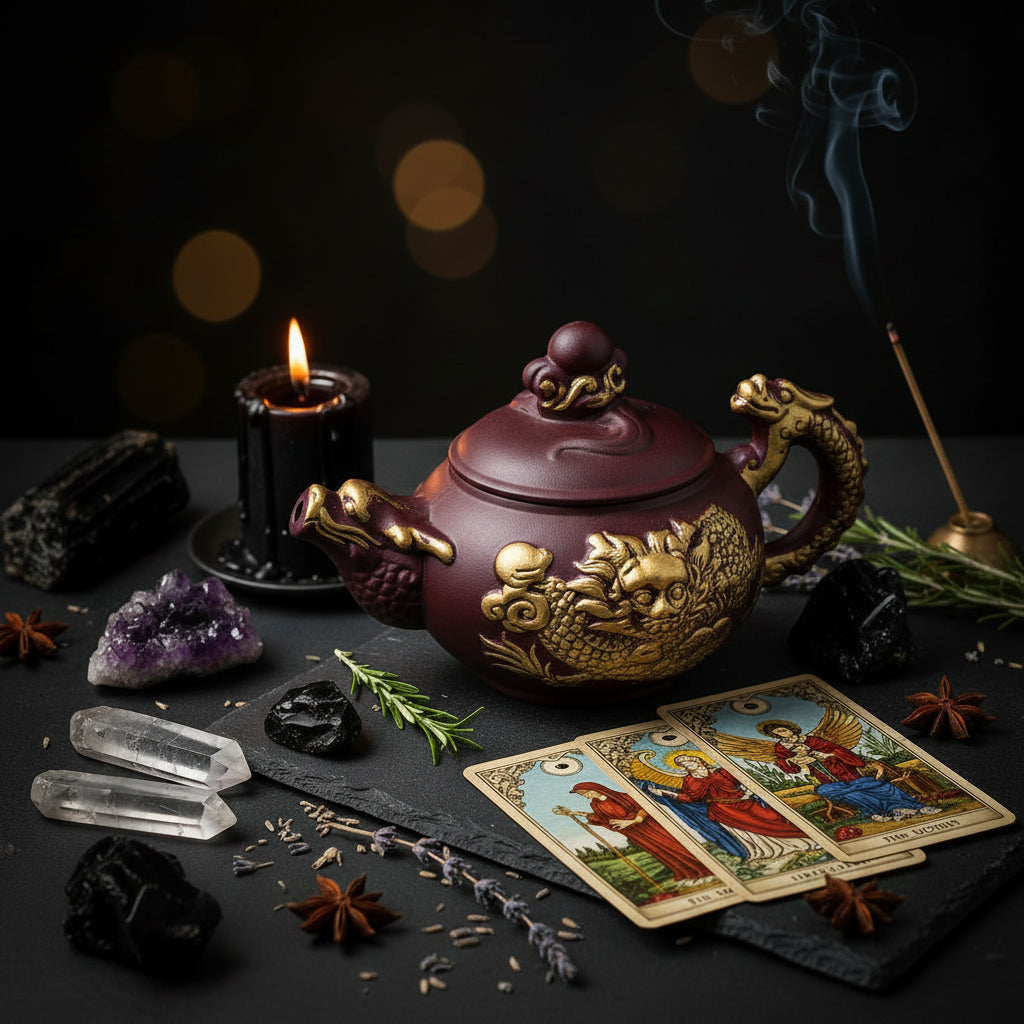 Black ceramic teapot with intricate designs on a white background