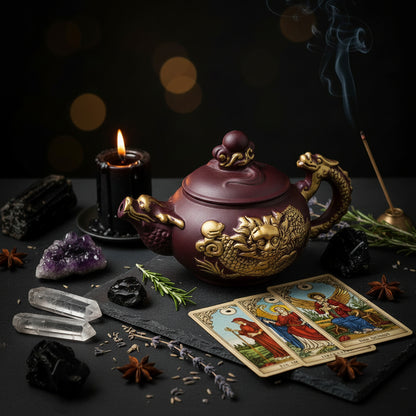 Black ceramic teapot with intricate designs on a white background