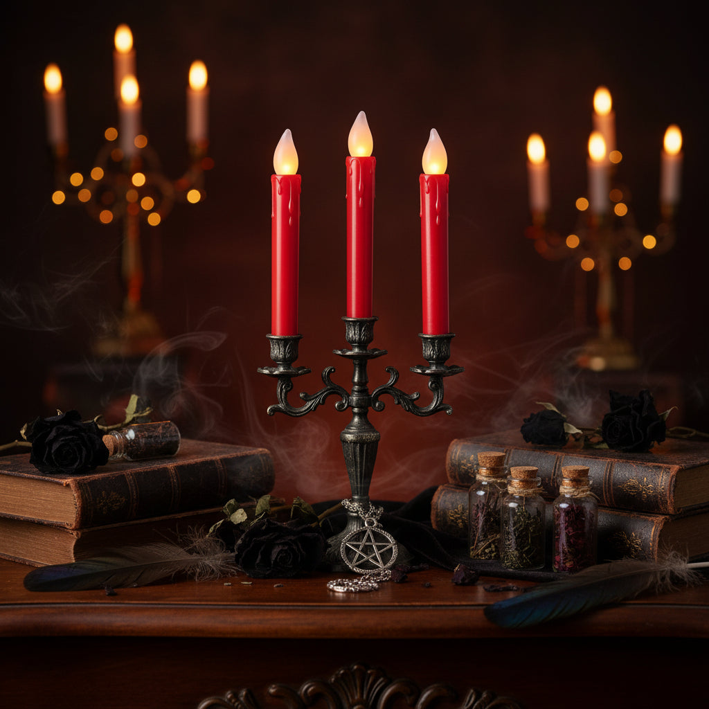 Three red wax-drip style LED candles with glowing white tips are shown standing upright on a tabletop, with a wine bottle blurred in the background against a wood panel wall.