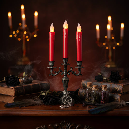 Three red wax-drip style LED candles with glowing white tips are shown standing upright on a tabletop, with a wine bottle blurred in the background against a wood panel wall.
