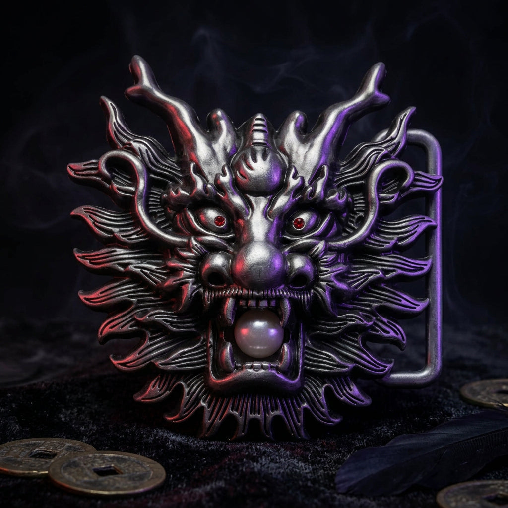 A metallic dragon head belt buckle with red eyes and a pearl-like bead in its mouth, shown on a plain white background.