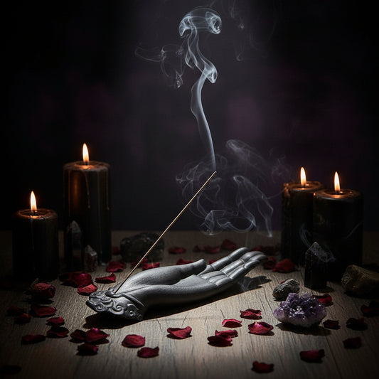 Ceramic hand incense holder with a burning incense stick on a wooden surface.