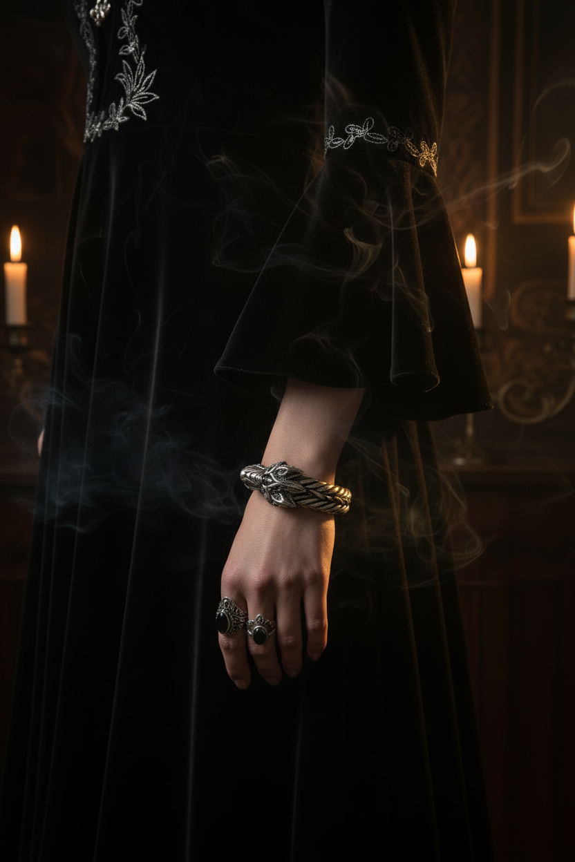 A silver-toned metal cuff bracelet featuring detailed dragon head motifs at both ends and textured, engraved bands, shown on a plain white background.