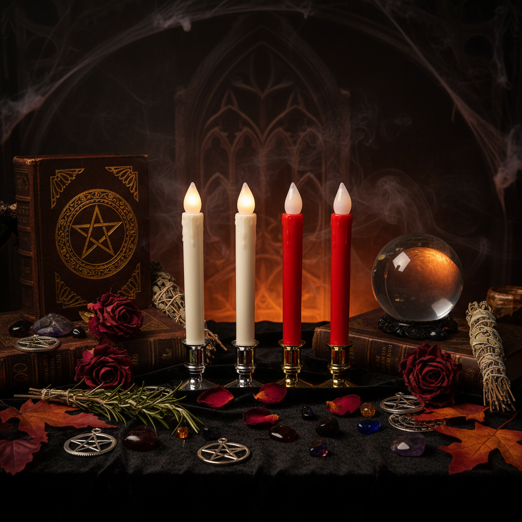 Four candlestick holders with flame-shaped white and red candles, shown on a tabletop with books and flowers in the background.