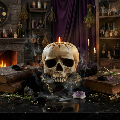 A skull-shaped wall-mounted candle holder with a small brass candle inserted into the top of the skull, shown lit against a dark gray wall.