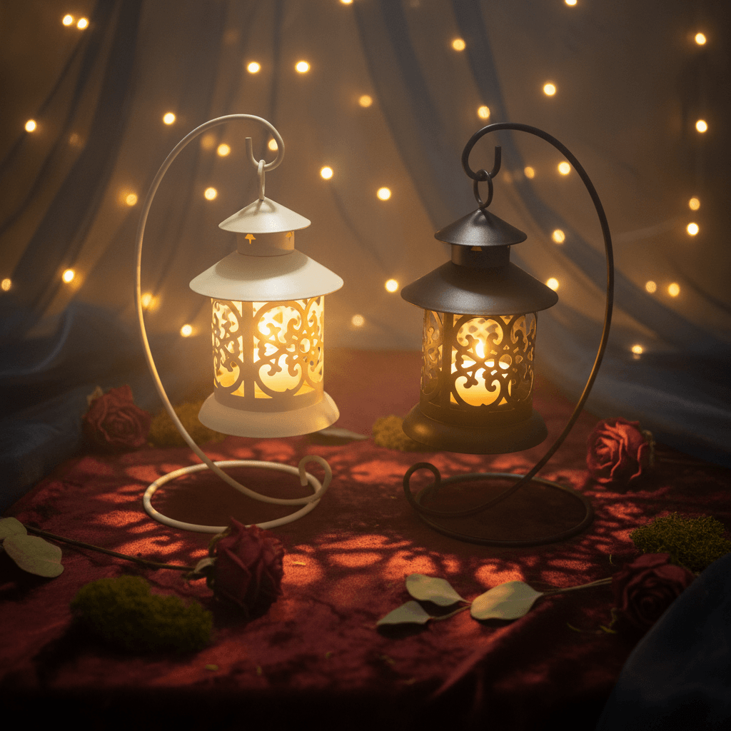 Two decorative metal lanterns with hanging loops, one in cream and one in black, shown on a white background with a small green leaf prop.
