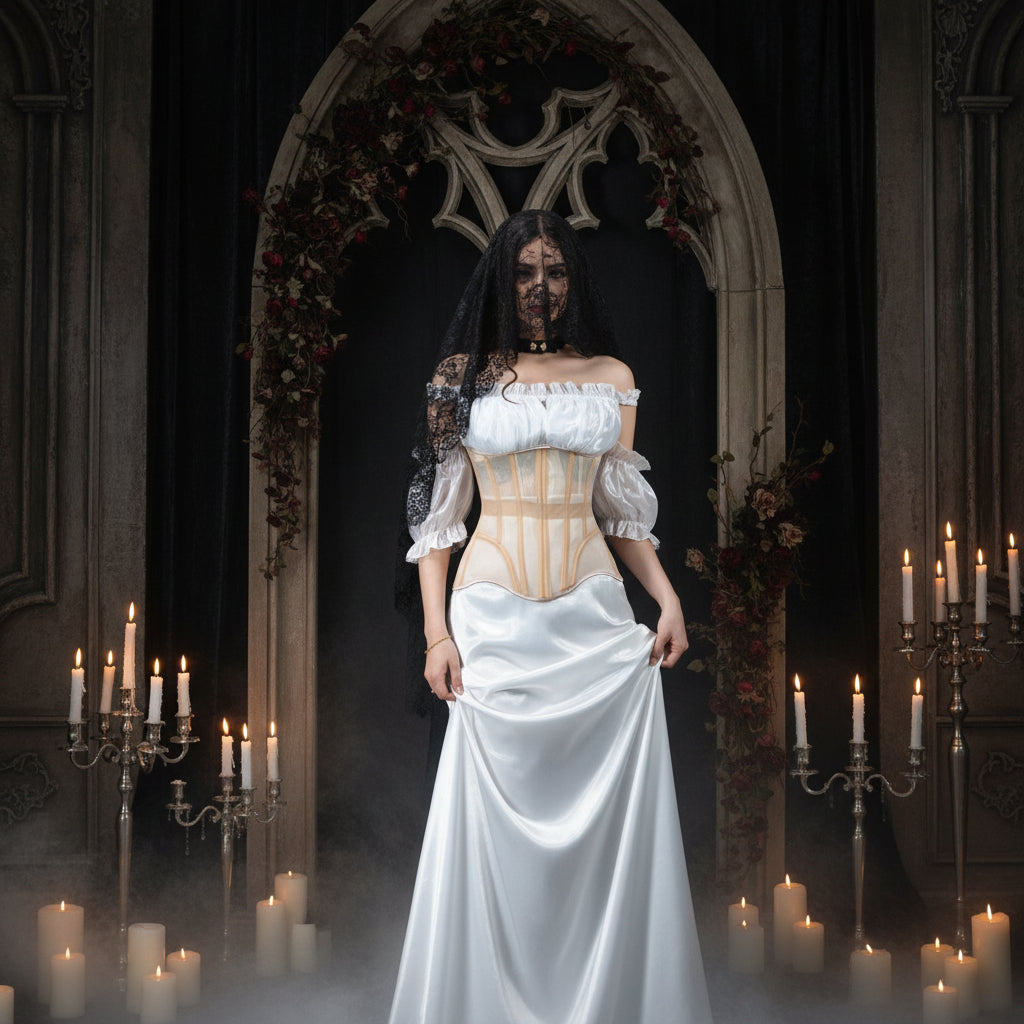 A close-up of a beige corset-style waist trainer with sheer panels and vertical support straps, worn over a shiny pale blue dress.