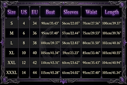 A size chart table for clothing or garments, showing sizes S through XXL with measurements in centimeters and inches for buste, manches, and longueur.