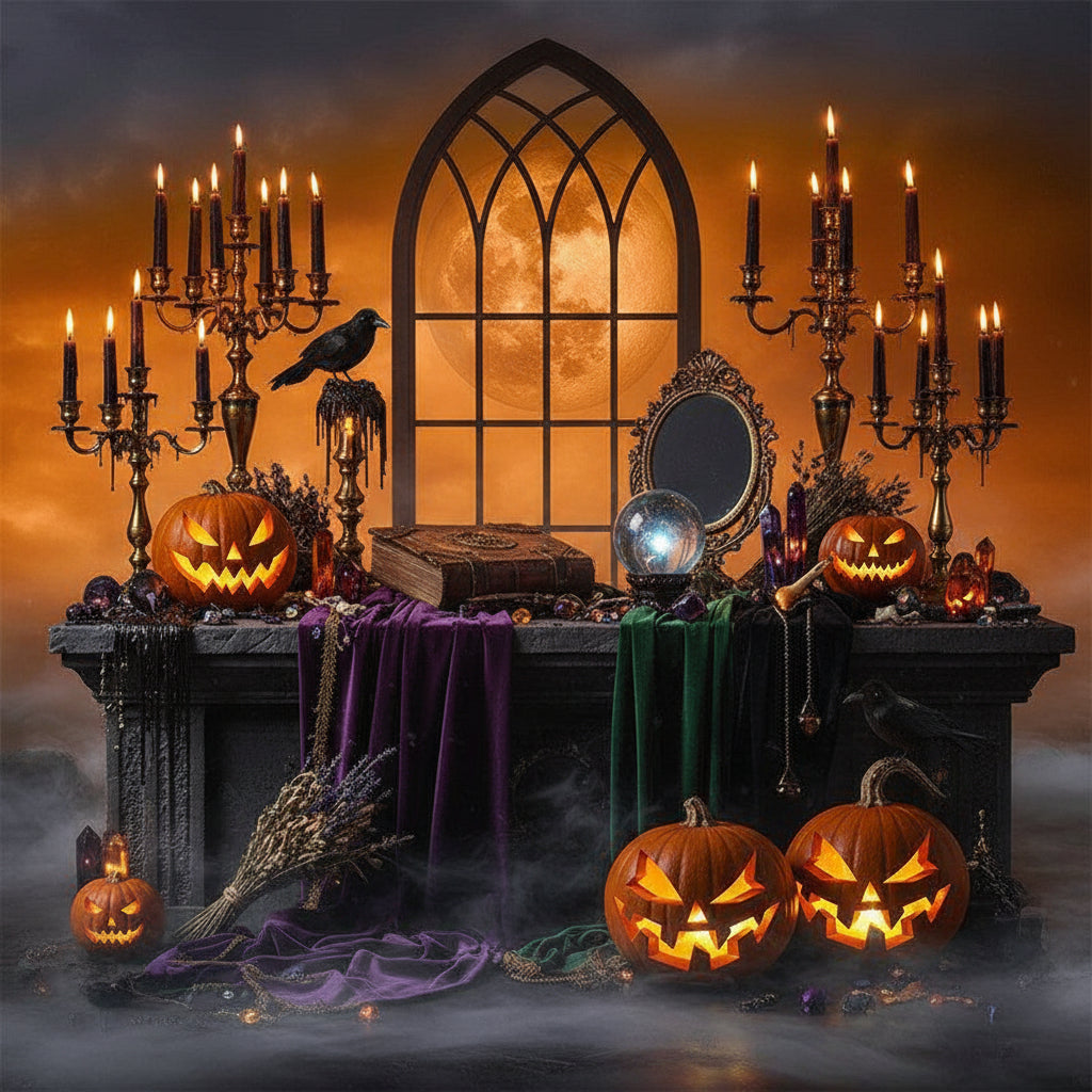 Halloween scene with carved pumpkin, crows, and full moon