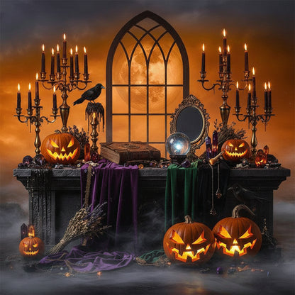 Halloween scene with carved pumpkin, crows, and full moon