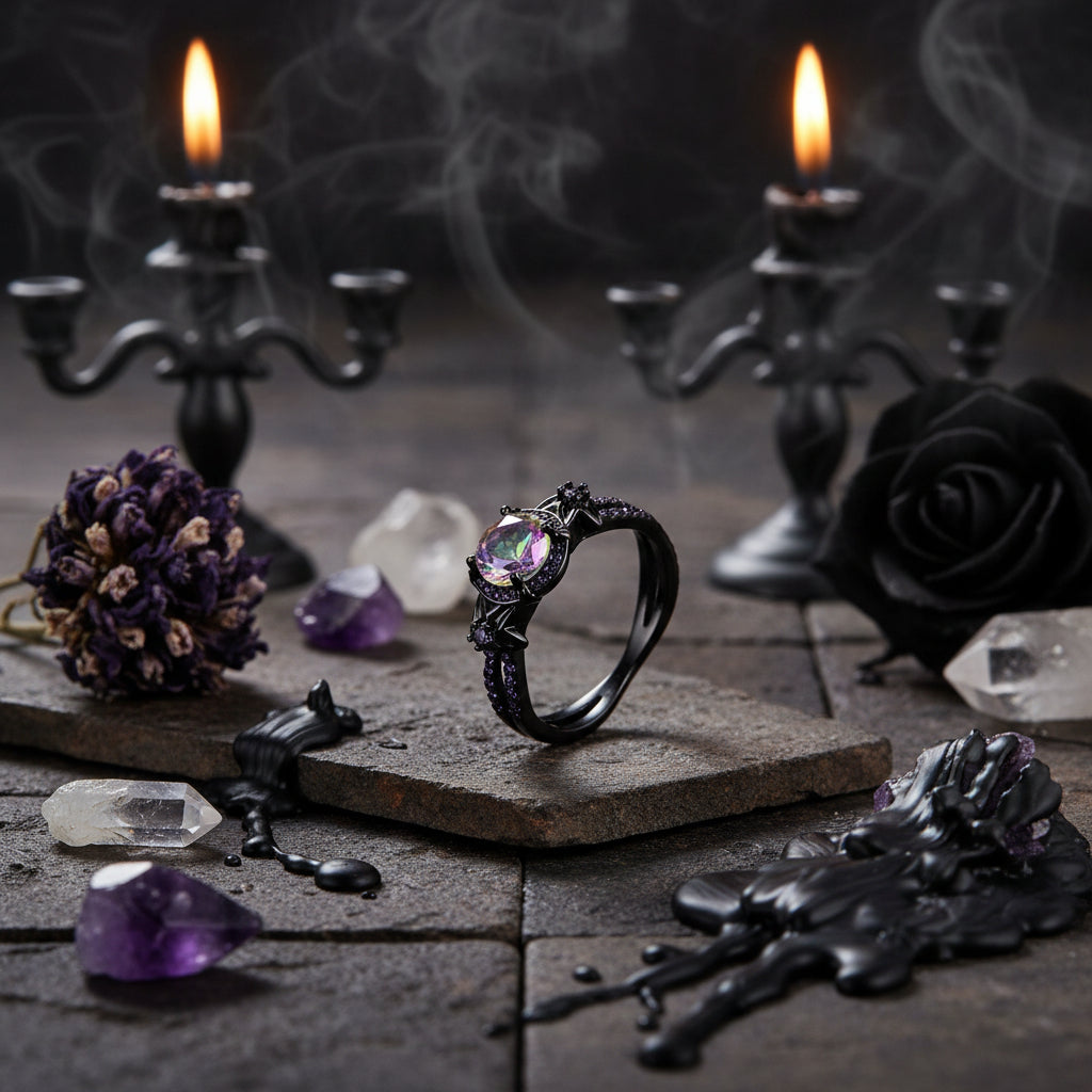 Vintage Black Gold Skull Ring with Purple Zircon Sorceress Sanctuary