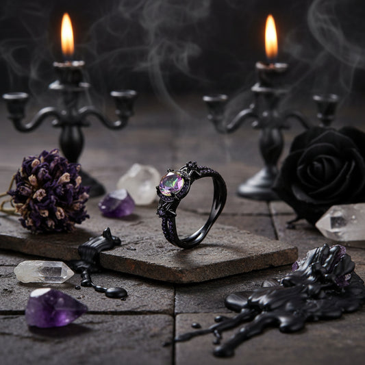 Vintage Black Gold Skull Ring with Purple Zircon Sorceress Sanctuary