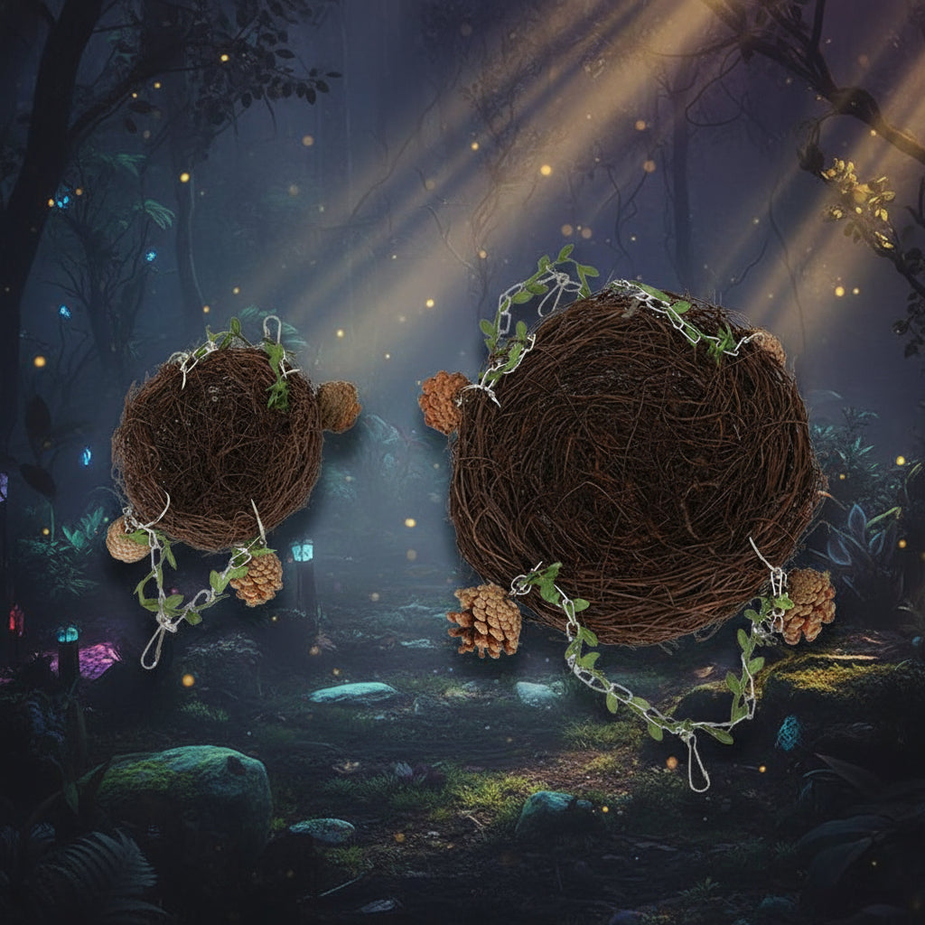 Two decorative wreaths made of twigs with pinecones and greenery on a white background