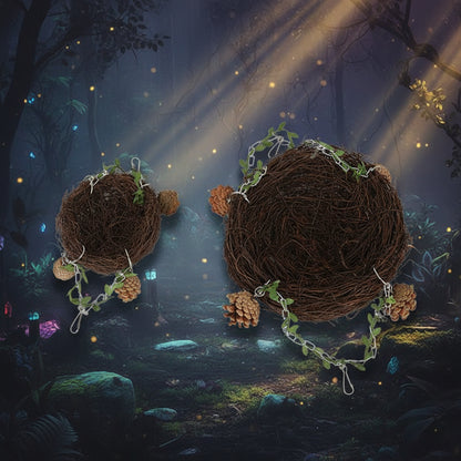 Two decorative wreaths made of twigs with pinecones and greenery on a white background