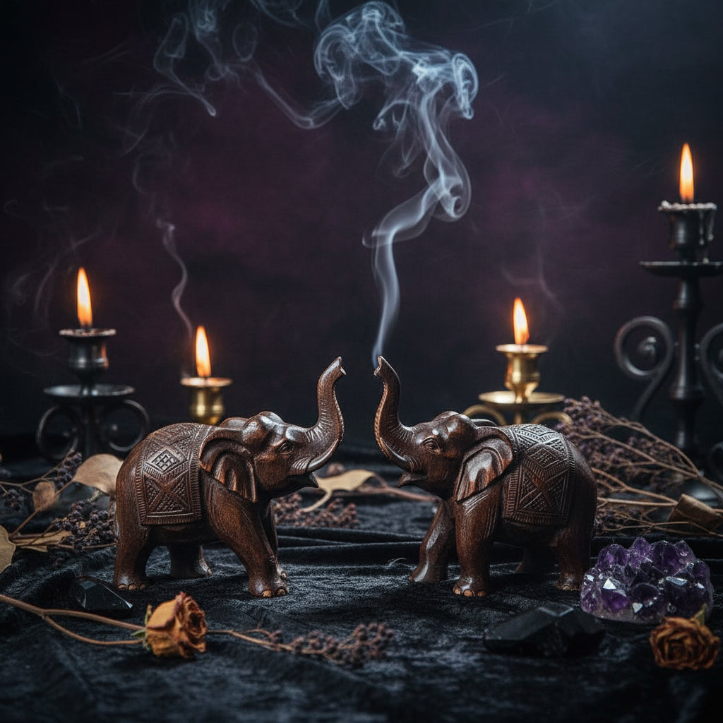 Two wooden elephant figurines on a surface with text about imported logs from Africa and polished finish.