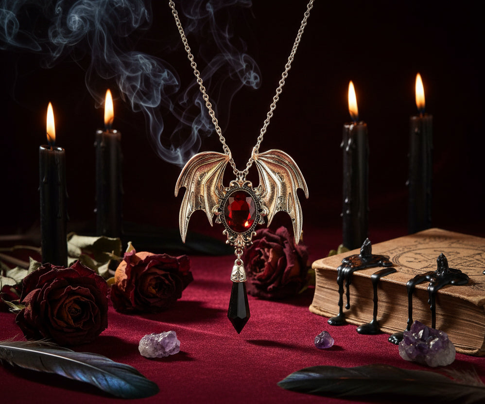 Gothic-style necklace with winged pendant and red gem on a white background
