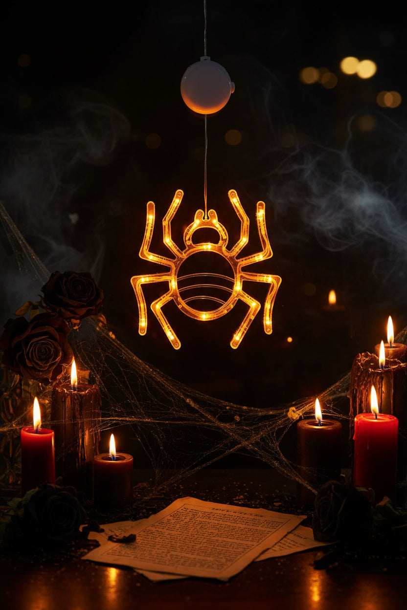 A glowing spider-shaped light hanging from a suction cup mount on a window at night. The light has an orange-brown body with bright yellow LED outlines.
