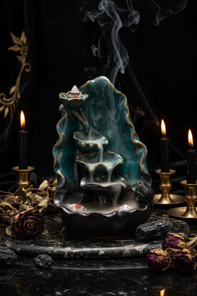 Decorative ceramic water fountain with lotus design on a white background