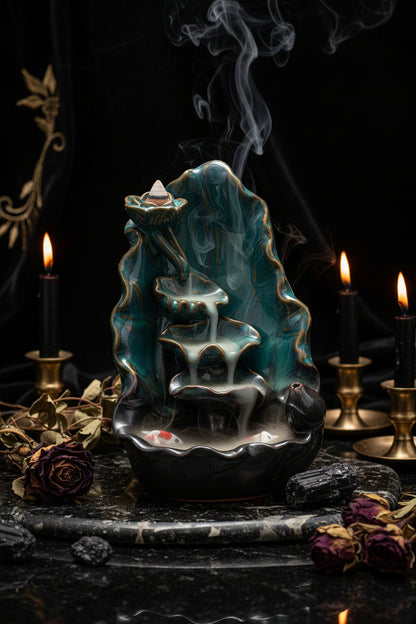 Decorative ceramic water fountain with lotus design on a white background