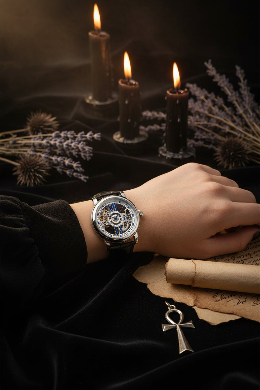 Luxury watch with black leather strap and visible mechanical components on a white background