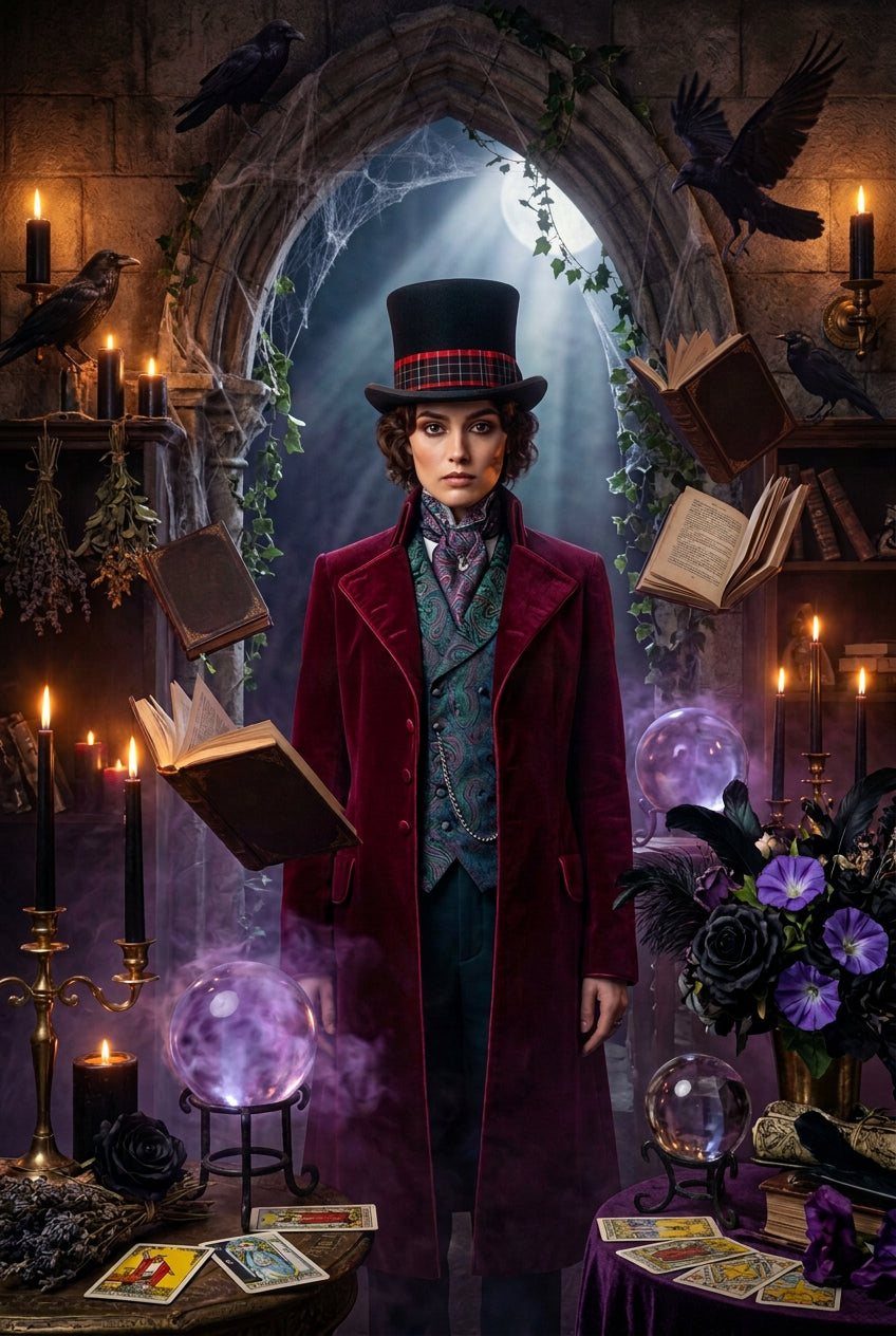 A long burgundy velvet coat displayed on a mannequin, styled with a navy blue sweater, a patterned shirt, a black top hat with a red and blue band, and a silver chain against a plain white background.