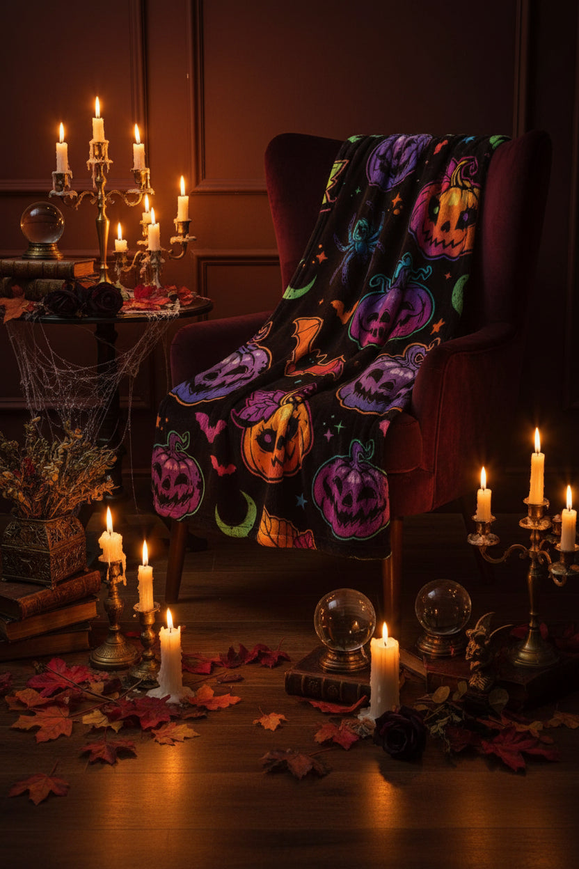 Colorful Halloween Pumpkin Spider Bat Flannel Blanket Sorceress Sanctuary