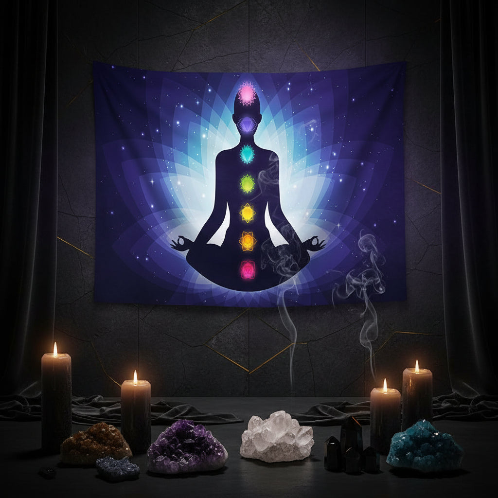 Tapestry with a silhouette of a meditating figure with chakra colors in a living room setting.