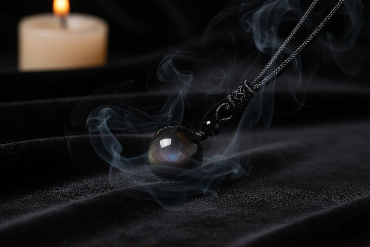 Black beaded necklace with a large central bead on a dark fabric background