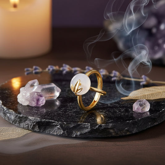 A gold-plated adjustable ring featuring a round, milky white stone and a small gold leaf detail on the side, displayed on a textured white fabric background.
