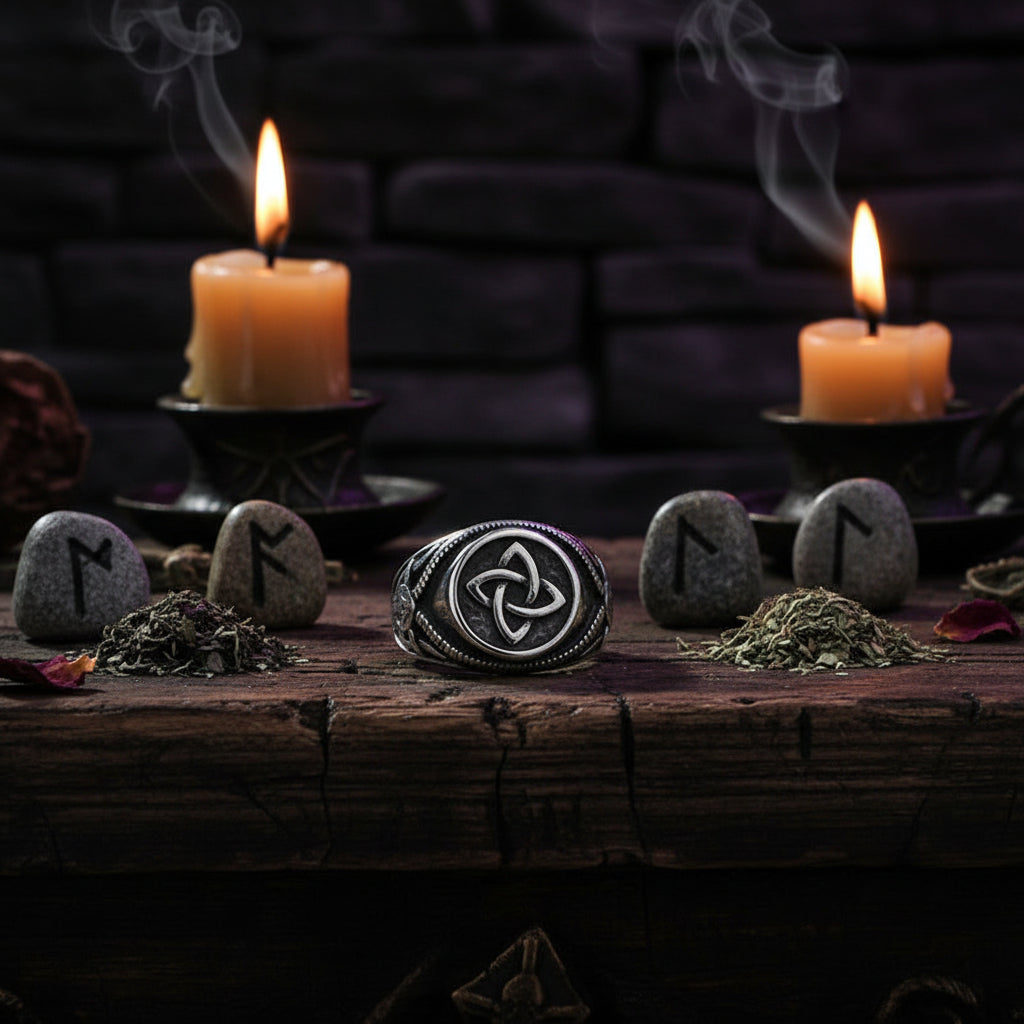 A silver signet ring featuring a triquetra knot symbol on a textured oval face, with a skull engraving on the side, set against a dark reflective background.