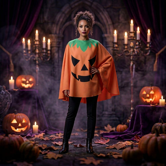Orange cape with a pumpkin face design on a white background