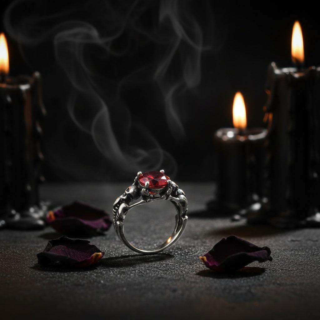 Silver ring with a red gemstone on a white background